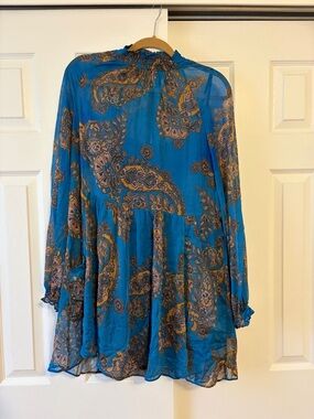 Free People Teal, Blue and Gold Bohemian Printed Tunic/mini dress size M